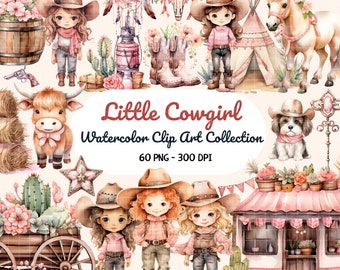 Watercolor Cute Cowgirl Clipart, Wild West, Cowgirls Western Country Nursery Sublimation, Horse, Hat, Girl Birthday, Baby Shower Bundle, Png