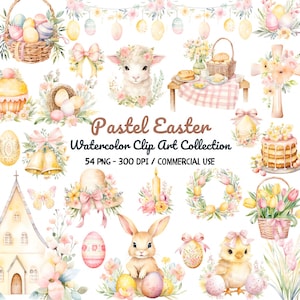 Imágenes Prediseñadas de Pascua pastel, cesta de Pascua, feliz Pascua PNG, huevo de Pascua de acuarela, conejito de Pascua, pollito de Pascua, animales de Pascua, imágenes prediseñadas de primavera