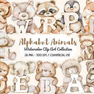 Clipart de alfabeto em aquarela, clipart de letras do alfabeto, clipart de berçário, animais de A a Z, clipart de floresta, animal fofo, alfabeto png
