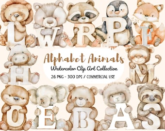 Watercolor Alphabet Animal Clipart, Alphabet Letter Clipart, Nursery ClipArt, Animals A to Z,  Woodland Clipart, Cute Animal, Alphabet PNG