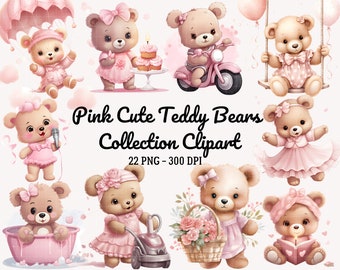 Cute Baby Girl Teddy Bear Clipart Bundle Pink Cute Bear PNG Teddy Baby Shower Clipart Bundle Watercolor Teddy Bear Bundle Sleepy Teddy Bear