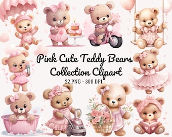 Può includere: Una collezione di 12 illustrazioni di orsacchiotti rosa. Gli orsacchiotti indossano vari abiti e accessori, tra cui un vestito rosa, un cappello rosa, un fiocco rosa, un cestino rosa, un microfono rosa, un'altalena rosa, una motocicletta rosa, una vasca da bagno rosa e un libro rosa. Il testo "Pink Cute Teddy Bears Collection Clipart 22 PNG - 300 DPI" è in fondo all'immagine.