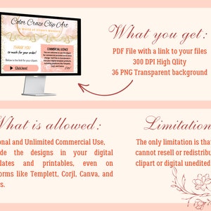 May include: A computer screen displaying a digital product listing for clip art. The listing includes a commercial license, a thank you message, and a link to download the files. The text on the screen reads "Color Craze Clip Art", "World of Clipart Wonder", "Thank You", "So much for your order!", "Below is the link for your clipart", "Click here!", "Commercial License", and "What you get:". The text below the screen reads "What is allowed: Personal and Unlimited Commercial Use, Include the designs in your digital templates and printables, even on platforms like Templett, Corjl, Canva, and others." and "Limitation: The only limitation is that you cannot resell or redistribute as clipart or digital unedited files."