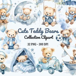 Clipart ours en peluche bleu, clipart baby shower, ours en peluche endormis, lot d'ours en peluche aquarelle mignon, clipart anniversaire garçon, usage Commercial