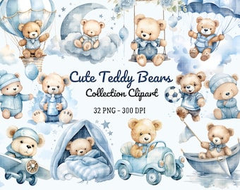 Blue Teddy Bear Clipart, Baby Shower Clip Art, Sleepy Teddy Bears, Cute Watercolor Teddy Bear Bundle, Boy Birthday Clipart, Commercial Use