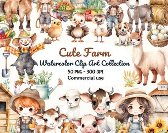 Cute Farm Clipart, Farm Animals Watercolor, Farm Baby Animals, Little Farmer Clipart, Baby Farm Life, Farm PNG, Farm Animal Nursery Clipart