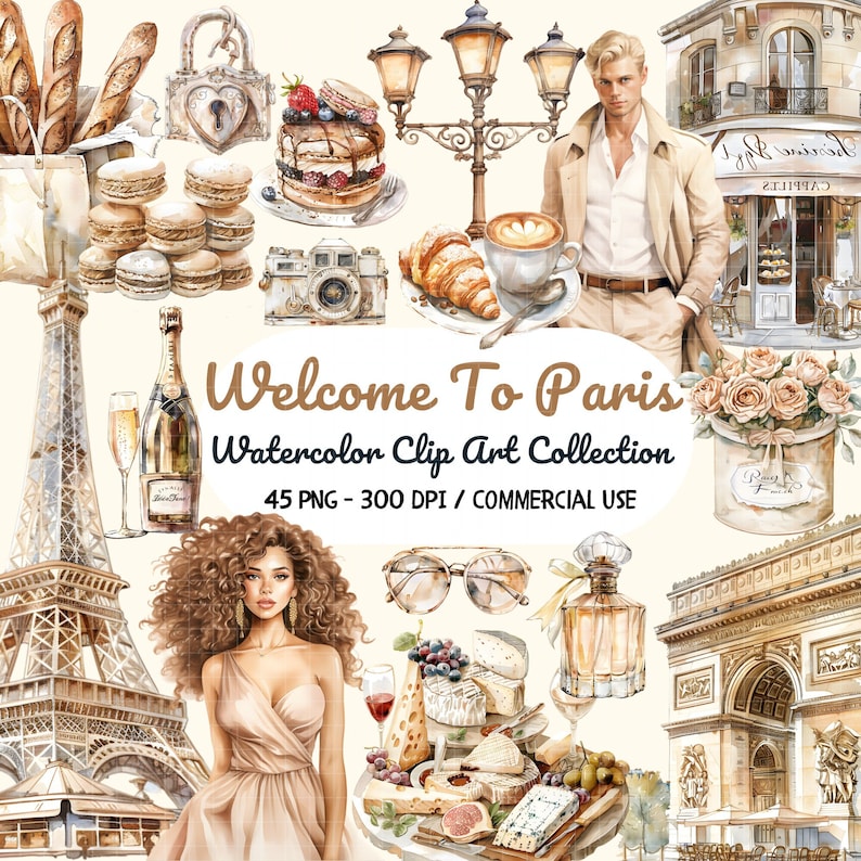 Watercolor Paris Clipart Bundle, Croissant, Romantic Paris PNG, Travel Clipart,Bonjour Paris PNG, Paris France Clipart, Eiffel Tower Clipart image 1