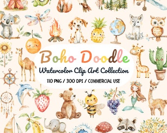 Boho Baby watercolor Clipart, Cute Boho Doodle Clipart Bundle, Nursery Animal Clip Art, Baby Shower PNG, Cute Animal, Woodland Animals PNG