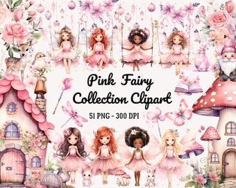May include: A digital clipart collection of 51 pink fairy illustrations. The fairies are wearing pink dresses and have wings. The collection also includes mushrooms, flowers, a house, a deer, a bird, a gnome, a dragonfly, a butterfly, and a book. The illustrations are in a watercolour style.