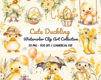 Watercolor Duckling Clipart Bundle, Cute Duckling PNG, Duckling Digital Images, Nursery Graphics, Commercial Use, Sublimation, Digital File