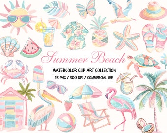 Watercolor Summer Beach Clipart, Sunny Beach Day Clipart, Summer, Vacation PNG, Seasonal ClipArt, Travel, Nursery Decor, Pool Party Clipart