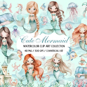Aquarell Kleine Meerjungfrau Clipart, Kleine Meeresbabys, Untersee Clipart, Meerjungfrau PNG, Meeresdelfin Schildkrötenschloss, Süßer Kinder Pastell Planer