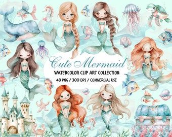 Watercolor Little Mermaid Clipart, Little Sea Babies, Under Sea Clipart, Mermaid PNG, Sea Dolphin Turtle Castle, Cute Kids Pastel Planner