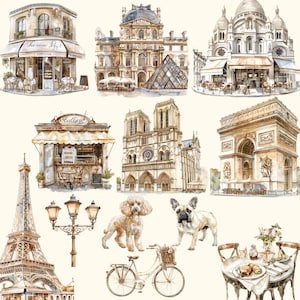 Watercolor Paris Clipart Bundle, Croissant, Romantic Paris PNG, Travel Clipart,Bonjour Paris PNG, Paris France Clipart, Eiffel Tower Clipart image 4
