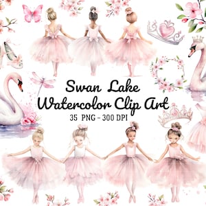 Watercolor Ballerina Clipart, Pink Ballerina Clipart, Cute ballet clipart, Swan Lake Clipart, Ballerina PNG, Swan PNG, Commercial Use