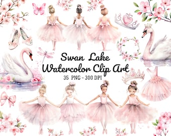 Watercolor Ballerina Clipart, Pink Ballerina Clipart, Cute ballet clipart, Swan Lake Clipart, Ballerina PNG, Swan PNG, Commercial Use