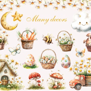 May include: Watercolor illustrations of various spring and Easter themed items, including a crescent moon, a cloud, a bee, baskets, eggs, mushrooms, a house, flowers, and a truck. The text "Many decors" is written in gold lettering.