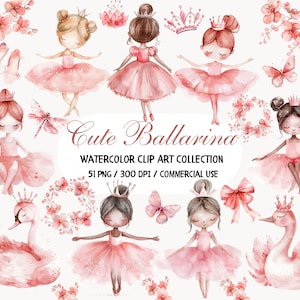 Clipart carina ballerina, clipart balletto acquerello, clipart Lago dei cigni, tutù rosa, piccola ballerina PNG, rosa polveroso, clip art floreale