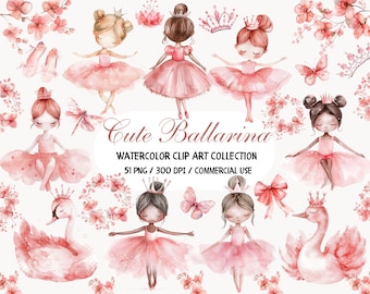 Cute Ballerina Clipart, Watercolor  Ballet Clipart, Swan Lake clipart, Pink Tutu,  Little Ballarina Girl PNG, Dusty Pink, Floral Clip Art