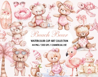 Watercolor Summer Pink Teddy Bear Clipart, Beach Baby Bear Clipart, Cute Animal Clipart, Beach png, Pink Flamingo, Sea png, Summer Clipart