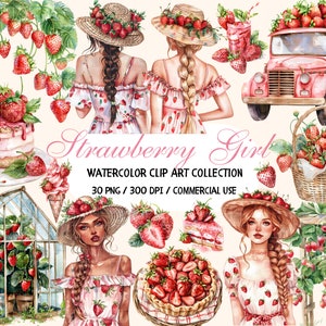 Aquarelle fraise Clipart, fille avec fraise PNG, lot de cliparts jardin de fraises, graphiques d'été, fleurs de printemps, baies Clip Art