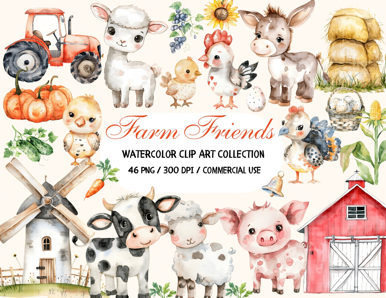 Cute Farm Clipart, Farm Animals Watercolor, Farm Baby Animals, Farm ...