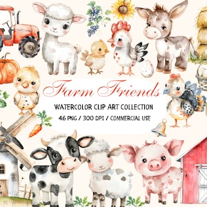 Clipart de fazenda fofo, aquarela de animais de fazenda, animais de bebê de fazenda, clipart de fazenda, clipart de berçário, cavalo de porco de vaca, aniversário de tema de fazenda de chá de bebê