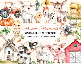 Cute Farm Clipart, Farm Animals Watercolor, Farm Baby Animals, Farm Clipart, Nursery Clipart, Cow Pig Horse, Baby Shower Farm Theme Birthday