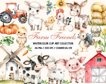Niedliche Bauernhof Clipart, Tiere auf dem Bauernhof Aquarell, Baby Tiere auf dem Bauernhof, Bauernhof Clipart, Kinderzimmer Clipart, Kuh Schwein Pferd, Baby Dusche Thema Geburtstag