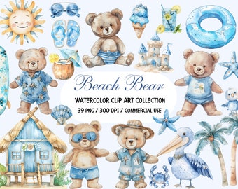 Watercolor Summer Blue Teddy Bear Clipart, Beach Baby Bear Clipart, Cute Animal Clipart, Beach png, Pool Party PNG, Sea png, Summer Clipart