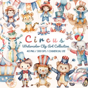 Clipart acquerello circo, simpatici animali color caramella, arredamento colorato per l'asilo nido, baby shower, tenda per feste da circo, carnevale, asilo nido, clown