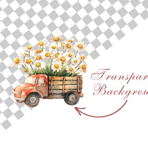 May include: A red toy truck with a wooden bed filled with white daisies. The truck is on a transparent background.