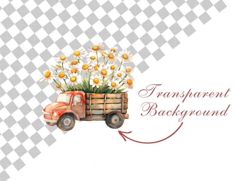May include: A red toy truck with a wooden bed filled with white daisies. The truck is on a transparent background.