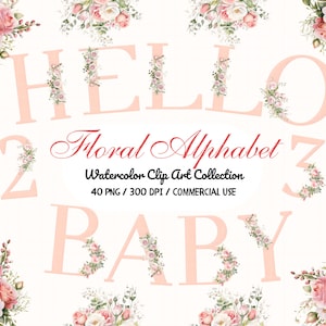 Aquarelle Floral Alphabet Clipart, Clipart mariage, Alphabet rose PNG, Clipart bébé jalon, fleurs roses Stickers Clipart, Alphabet mignon