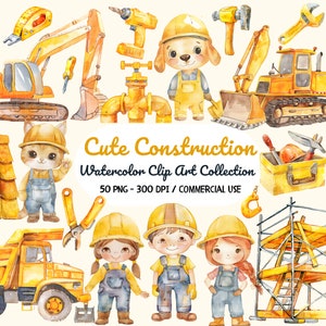 Clipart de construção fofo, escavadeira infantil, convites, decoração de berçário, canteiro de obras em aquarela, festa de aniversário de crianças png