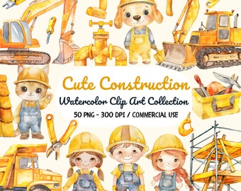 Clipart construction mignon, bulldozer pelle pour enfants, faire-part, décoration de chambre d'enfant, aquarelle de chantier, fête d'anniversaire d'enfants PNG