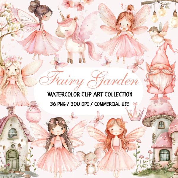 Aquarelle fée Clipart, Clipart fée magique, fée rose Nusery PNG, jardin féerique, Clipart champignon, licorne, papillon, clipart fleur