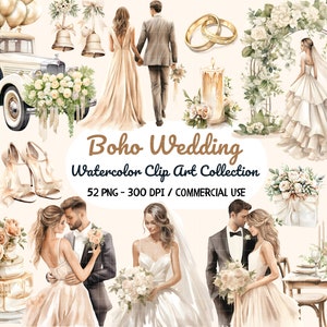 Imágenes prediseñadas de boda boho, gráfico del día de la boda, paquete de imágenes prediseñadas de boda en acuarela, PNG de novia y novio, imágenes prediseñadas de novia, lugar de boda, SVG de boda