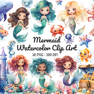 Aquarelle mignon sirène Clipart png, lot de cliparts petite sirène, mignons animaux marins PNG, méduse, hippocampe, clipart sous la mer