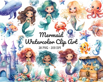 Watercolor Cute Mermaid Clipart png, Little Mermaid Clipart Bundle, Cute Sea Animals PNG, Jellyfish, Seahorse, Under the Sea Clipart