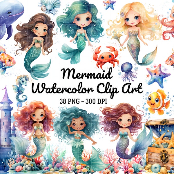 Watercolor Cute Mermaid Clipart png, Little Mermaid Clipart Bundle, Cute Sea Animals PNG, Jellyfish, Seahorse, Under the Sea Clipart