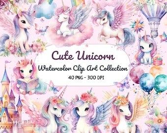 May include: A set of watercolor clip art featuring cute unicorns in various poses. The unicorns are depicted with colorful wings, manes, and tails. The set includes a unicorn reading a book, a unicorn with a flower crown, and a unicorn with a rainbow horn. The set also includes a castle, a hot air balloon, and other whimsical elements. The text "Cute Unicorn Watercolor Clip Art Collection 40 PNG - 300 DPI" is displayed at the bottom of the image.