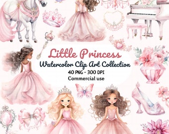 Watercolor Pink Princess Clipart, Little Princess Clipart, Fairytale Clipart, Princess and Castle PNG, Carriage Knight Clipart