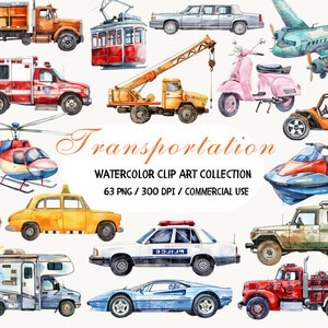 水彩の交通機関のクリップアート、車のクリップアート、乗り物のクリップアート、輸送のクリップアート、赤ちゃんのおもちゃのクリップアート、おもちゃの車のクリップアート、飛行機のクリップアート
