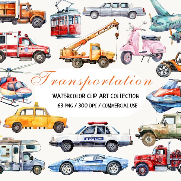 Watercolor Transportation Clipart, Cars Clipart, Vehicles Clip Art, Transport Clipart, Baby Toy Clipart, Toy Car Clipart, Airplane Clipart