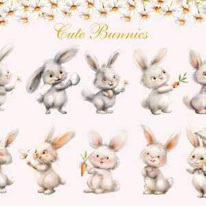 May include: Ten watercolor illustrations of cute white bunnies in various poses. The bunnies are holding carrots, eggs, flowers, and an umbrella. The text "Cute Bunnies" is written in gold at the top of the image.