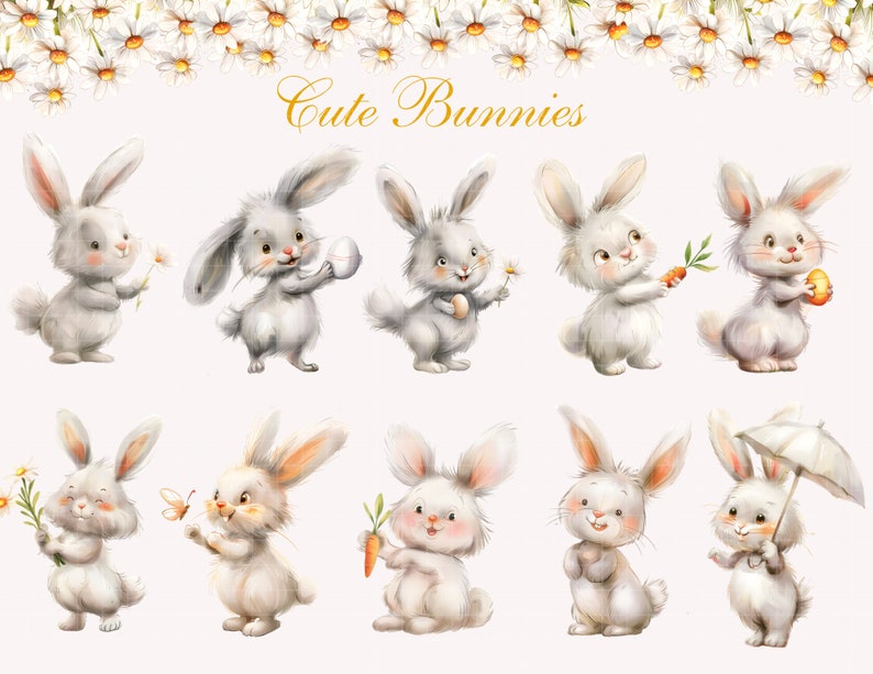 May include: Ten watercolor illustrations of cute white bunnies in various poses. The bunnies are holding carrots, eggs, flowers, and an umbrella. The text "Cute Bunnies" is written in gold at the top of the image.
