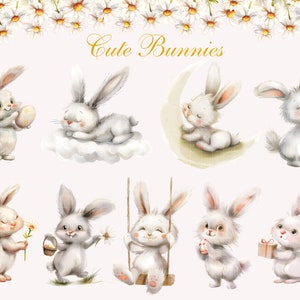 May include: A digital illustration of nine cute white bunnies in various poses. The bunnies are holding Easter eggs, a gift box, and flowers. The text "Cute Bunnies" is written above the bunnies.