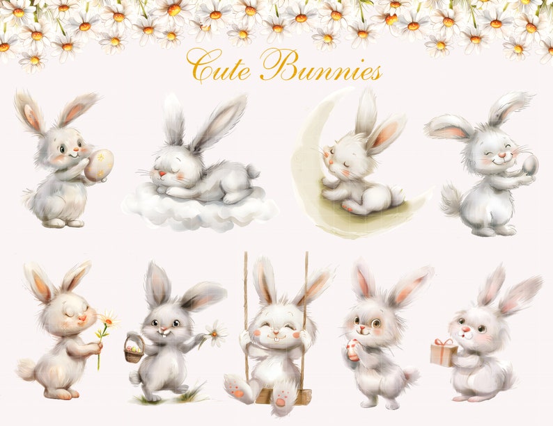 May include: A digital illustration of nine cute white bunnies in various poses. The bunnies are holding Easter eggs, a gift box, and flowers. The text "Cute Bunnies" is written above the bunnies.