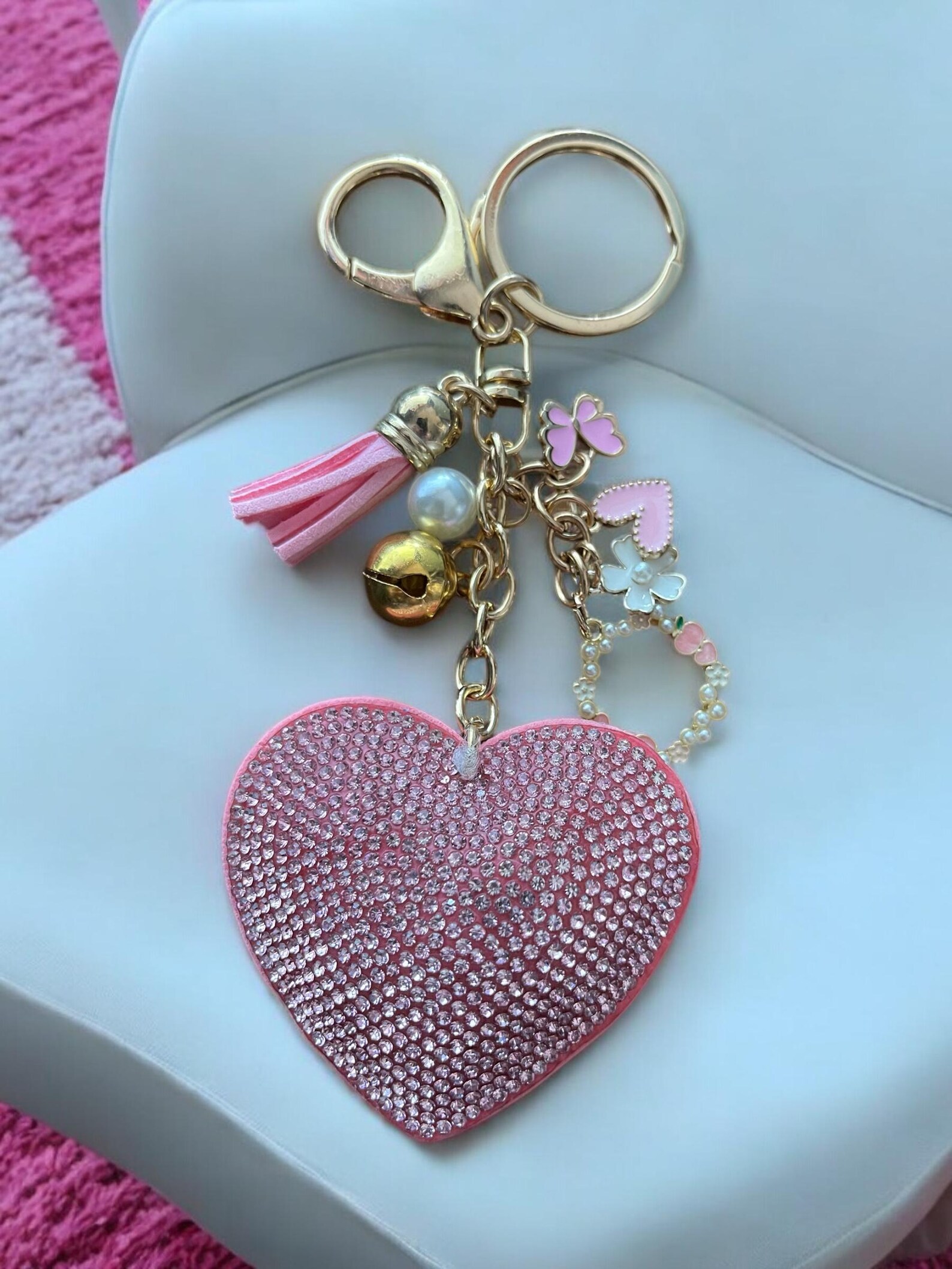 Pink Heart Keychain With Pearl Charms - Etsy